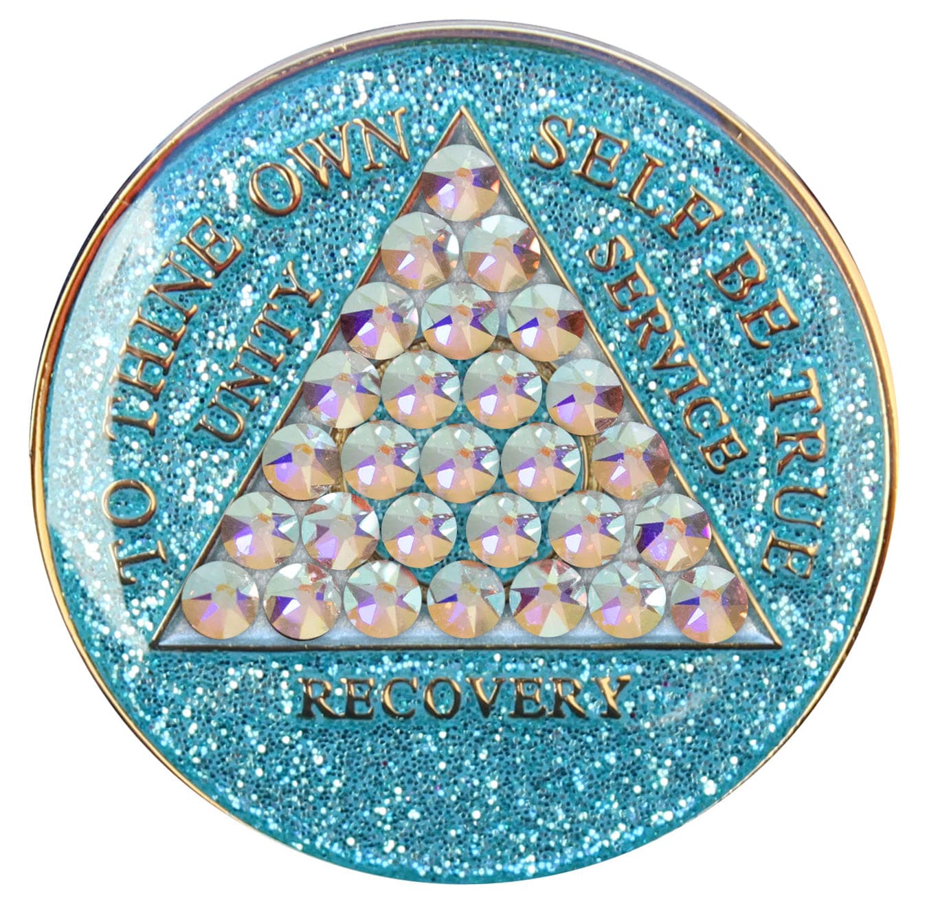 AA medallion Aquamarine glitter with 28 diamond CZ genuine crystals that form the triangle entirely, this is the timeless medallion, shine on with this beauty, we all have one day at a time, the AA slogan and three legacies are embossed with 14k gold-plated brass and sealed with resin for a glossy finish that will last and is scratch proof.