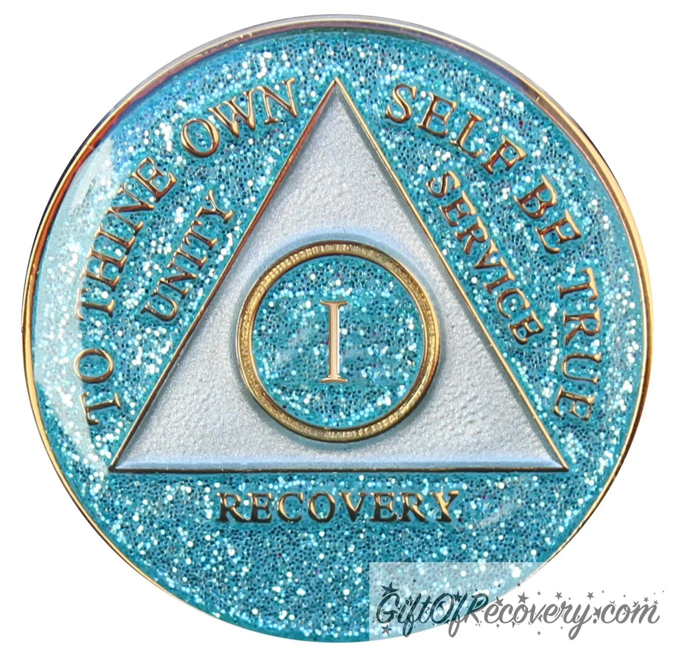 1 year AA medallion Aquamarine glitter, triangle is pearl white, to thine own self be true, unity, service, recovery, and roman numeral are embossed with 14k gold-plated brass, the recovery medallion is sealed with resin for a glossy finish that will last and is scratch free.