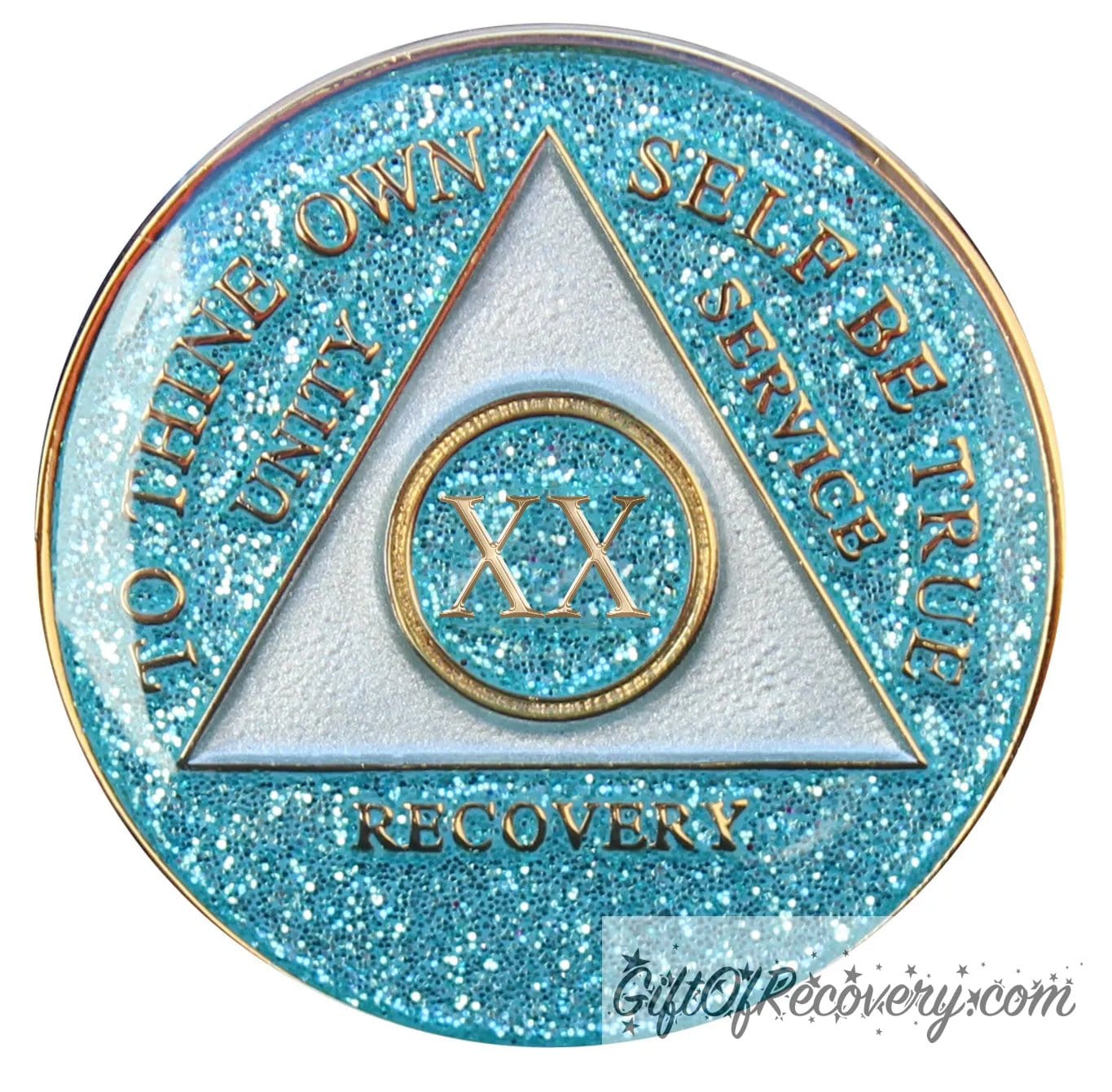 20 year AA medallion Aquamarine glitter, triangle is pearl white, to thine own self be true, unity, service, recovery, and roman numeral are embossed with 14k gold-plated brass, the recovery medallion is sealed with resin for a glossy finish that will last and is scratch free.