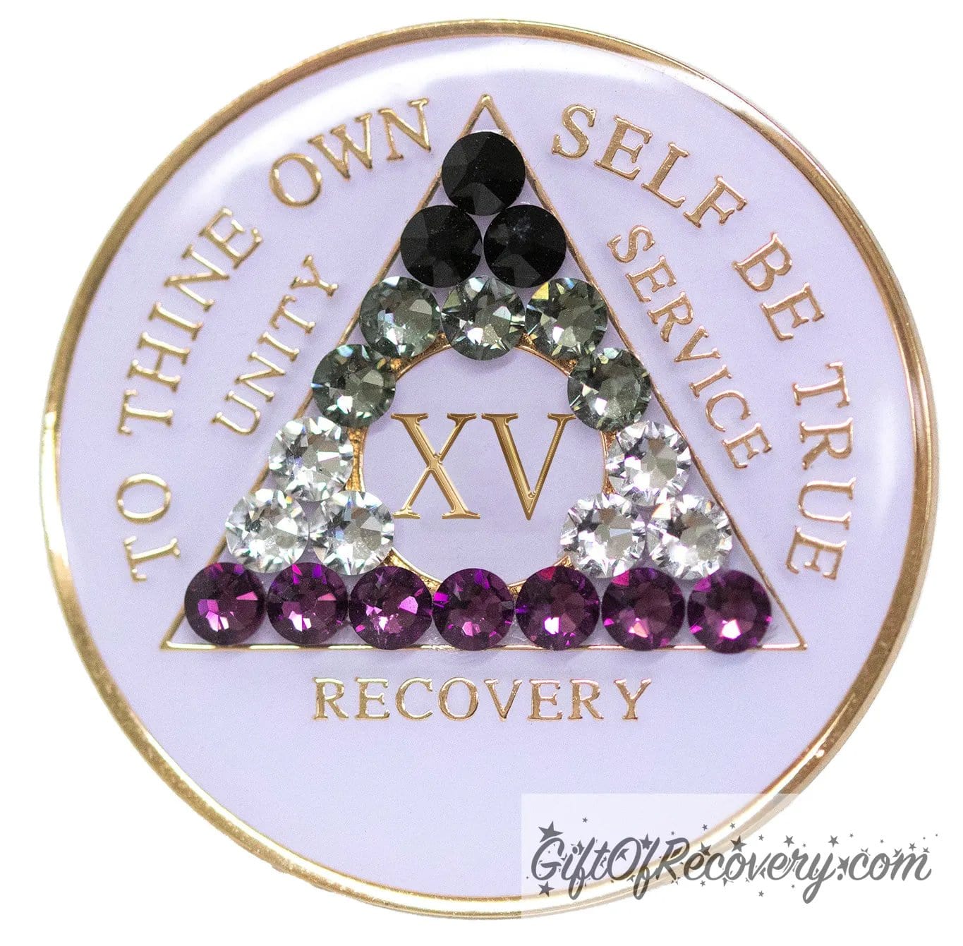 15 year AA medallion pearl white with 21 genuine crystals that make up the Asexual flag to represent recovery and pride, sobriety is a safe space, the AA slogan and three legacies are embossed with 14k gold-plated brass, sealed with resin for a glossy finish.