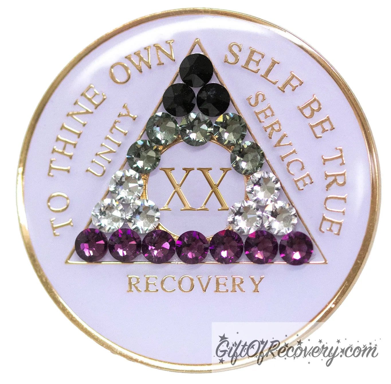 20 year AA medallion pearl white with 21 genuine crystals that make up the Asexual flag to represent recovery and pride, sobriety is a safe space, the AA slogan and three legacies are embossed with 14k gold-plated brass, sealed with resin for a glossy finish.