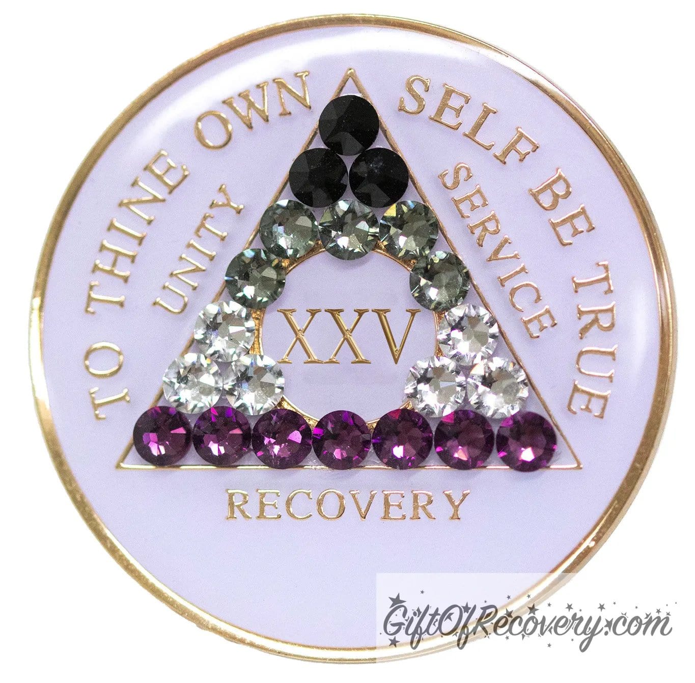 25 year AA medallion pearl white with 21 genuine crystals that make up the Asexual flag to represent recovery and pride, sobriety is a safe space, the AA slogan and three legacies are embossed with 14k gold-plated brass, sealed with resin for a glossy finish.