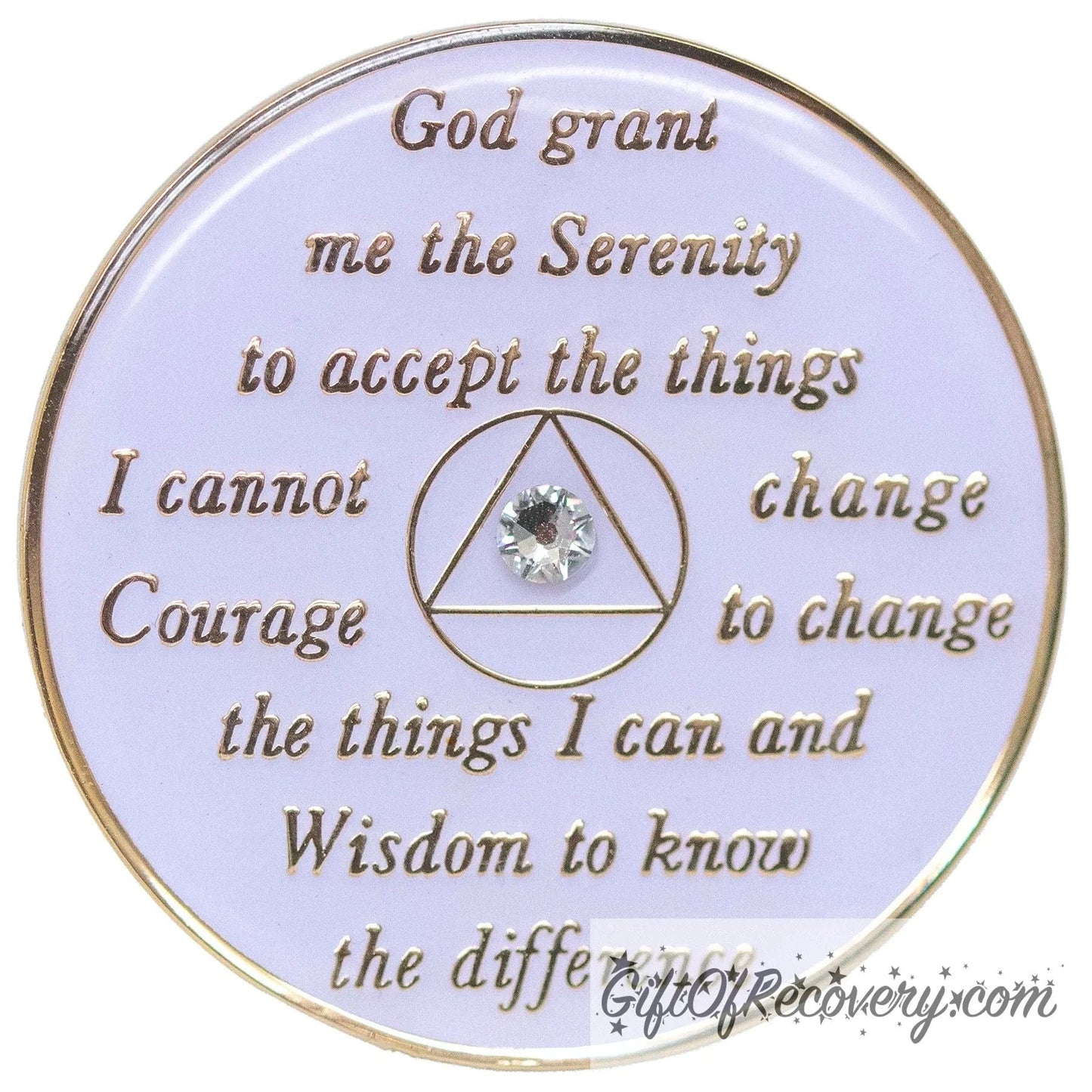 Back of 1 year Asexual recovery medallion is pearl white with the serenity prayer embossed with 14k gold-plated brass and one diamond CZ genuine crystal in the center of the triangle, sealed with resin.