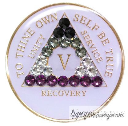 5 year AA medallion pearl white with 21 genuine crystals that make up the Asexual flag to represent recovery and pride, sobriety is a safe space, the AA slogan and three legacies are embossed with 14k gold-plated brass, sealed with resin for a glossy finish.