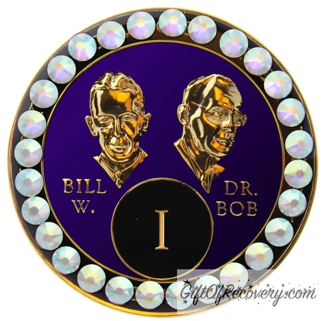 1 year AA Bill & Bob Amethyst purple recovery medallion with 28 genuine Aurora Borealis crystals around the rim, this medallion is to honor our founders and our time, stylized busts of Bill W. and Dr. Bob, with their names, are embossed 14k gold-plated brass, the medallion is sealed with resin for a glossy finish.