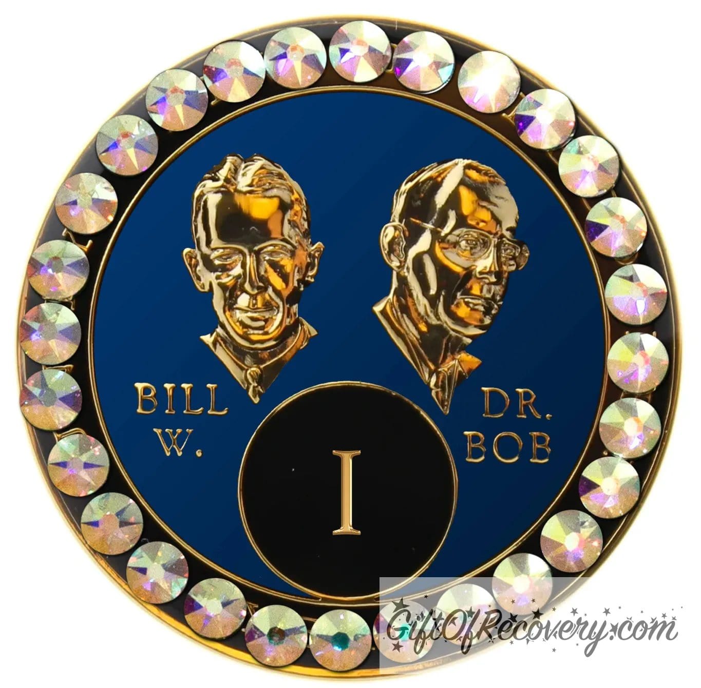 1 year AA Bill & Bob Big Book Blue recovery medallion with 28 genuine Aurora Borealis crystals around the rim, this medallion is to honor our founders and our time, stylized busts of Bill W. and Dr. Bob, with their names, are embossed 14k gold-plated brass, the medallion is sealed with resin for a glossy finish.