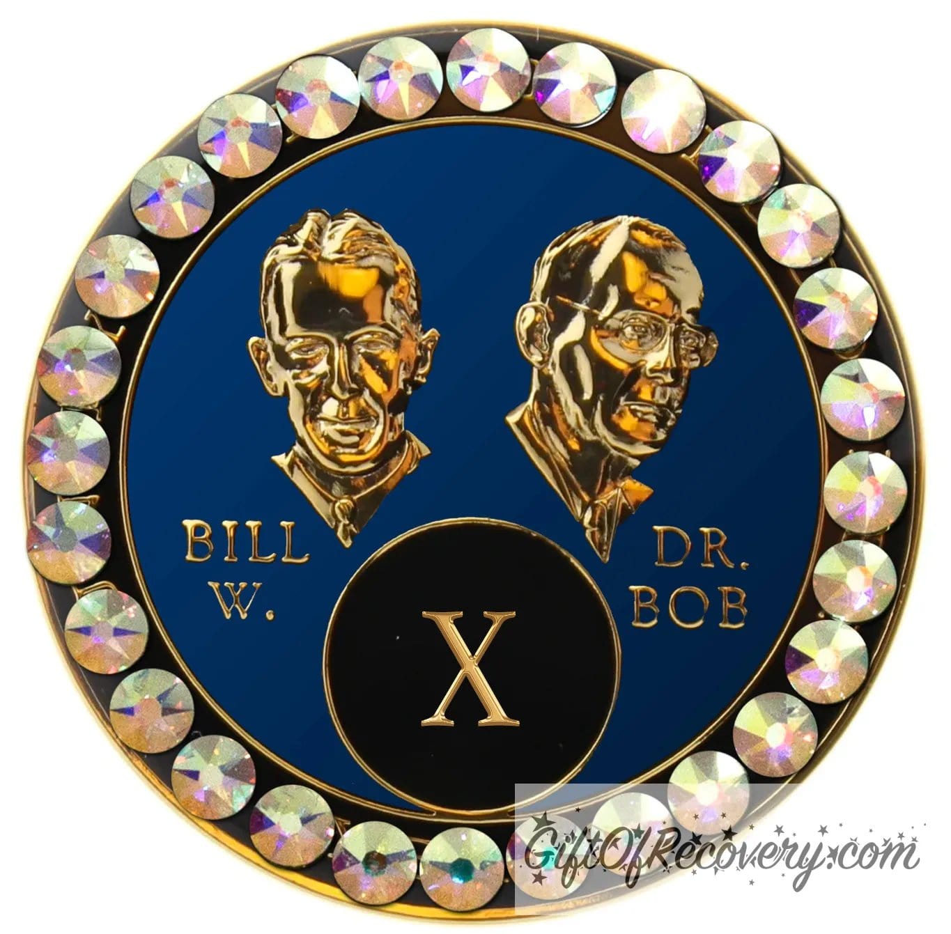 10 year AA Bill & Bob Big Book Blue recovery medallion with 28 genuine Aurora Borealis crystals around the rim, this medallion is to honor our founders and our time, stylized busts of Bill W. and Dr. Bob, with their names, are embossed 14k gold-plated brass, the medallion is sealed with resin for a glossy finish.