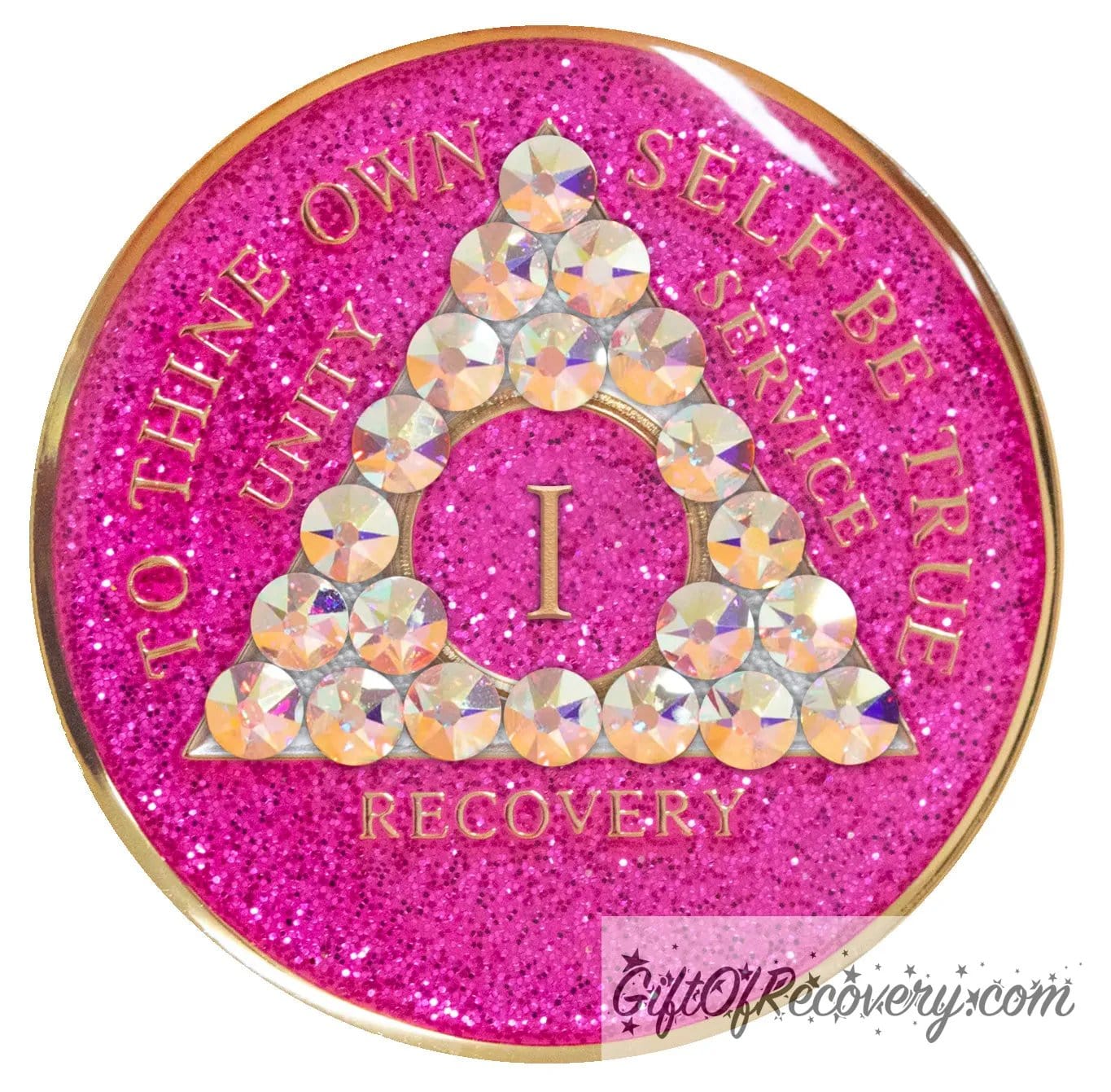 1 year AA medallion pink glitter princess adorned with 21 Aurora Borealis genuine crystals to bring out the sober princess in you the crystals are in the shape of the triangle, to thine own self be true and AA moto embossed with 14k gold-plated brass, recovery medallion is sealed with resin for a glossy finish that will last and is scratch proof.