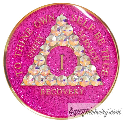 1 year AA medallion pink glitter princess adorned with 21 Aurora Borealis genuine crystals to bring out the sober princess in you the crystals are in the shape of the triangle, to thine own self be true and AA moto embossed with 14k gold-plated brass, recovery medallion is sealed with resin for a glossy finish that will last and is scratch proof.