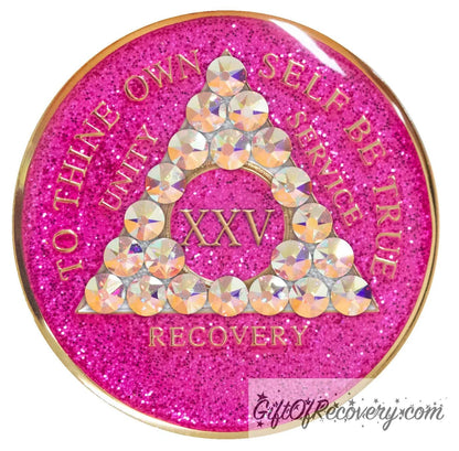 25 year AA medallion pink glitter princess adorned with 21 Aurora Borealis genuine crystals to bring out the sober princess in you the crystals are in the shape of the triangle, to thine own self be true and AA moto embossed with 14k gold-plated brass, recovery medallion is sealed with resin for a glossy finish that will last and is scratch proof.