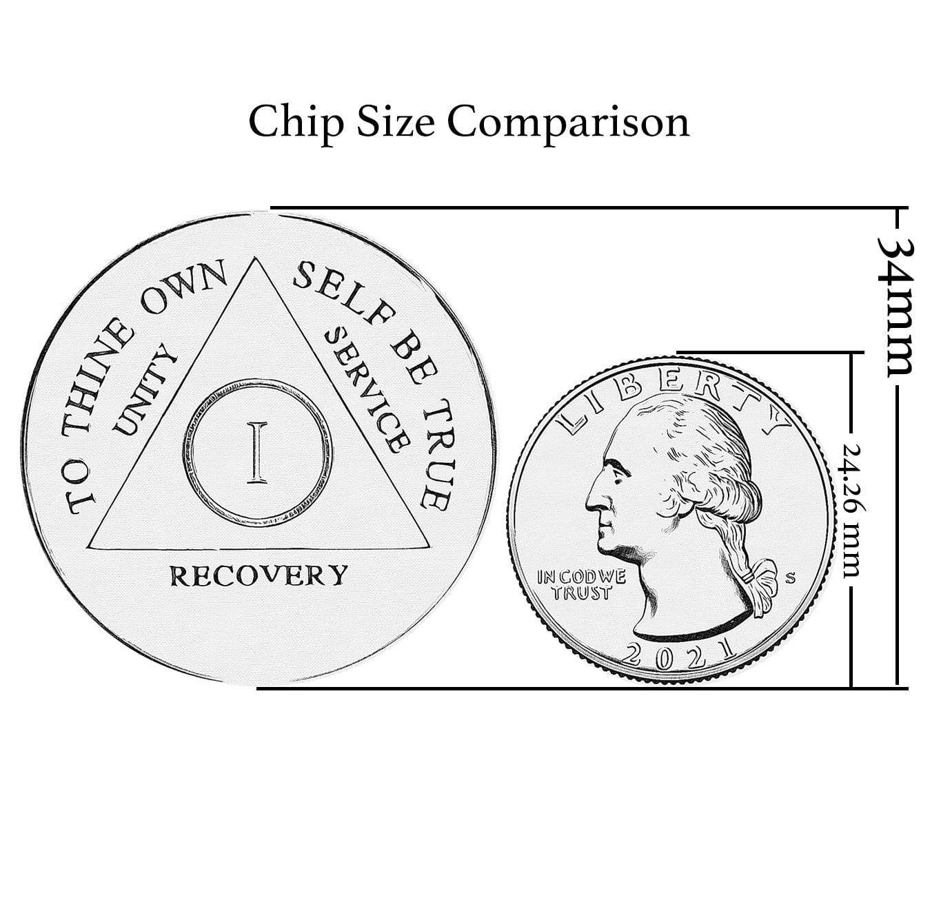 Sobriety Chip AA Aurora Borealis Bling Crystallized Glitter Pink Triplate1 year AA medallion, black and white, placed next to a U.S. Quarter for reference in size to the AA medallion, 34mm.