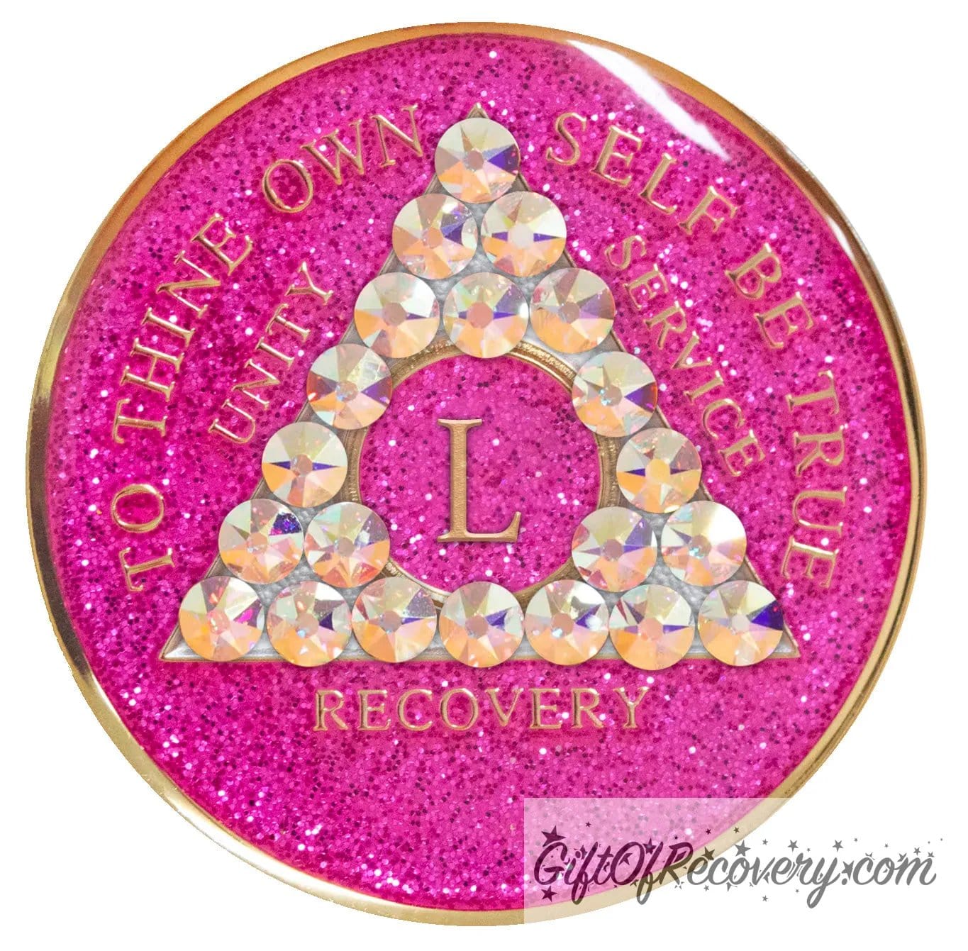 50 year AA medallion pink glitter princess adorned with 21 Aurora Borealis genuine crystals to bring out the sober princess in you the crystals are in the shape of the triangle, to thine own self be true and AA moto embossed with 14k gold-plated brass, recovery medallion is sealed with resin for a glossy finish that will last and is scratch proof.