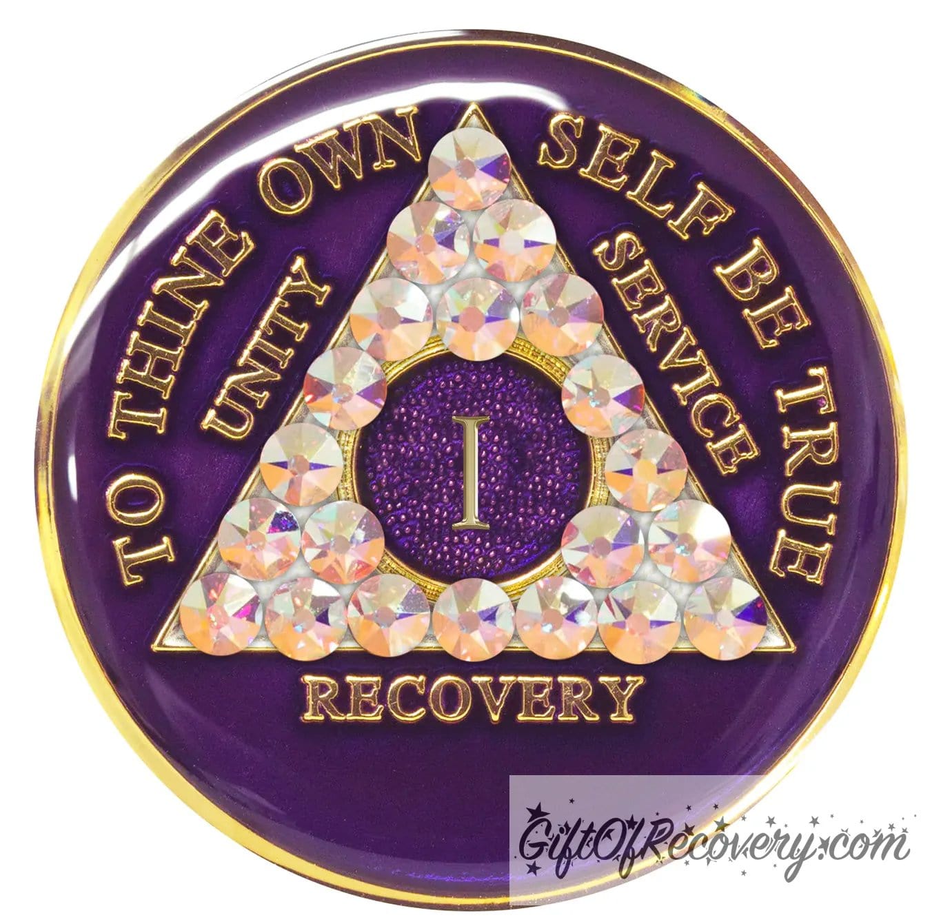 1 year AA medallion Purple Amethyst adorned with 21 Aurora Borealis Genuine crystals for the triangle, to thine own self be true, unity, service, recovery along with roman numeral are embossed with 14k gold-plated brass, recovery medallion is sealed with resin for a shiny finish that will last.