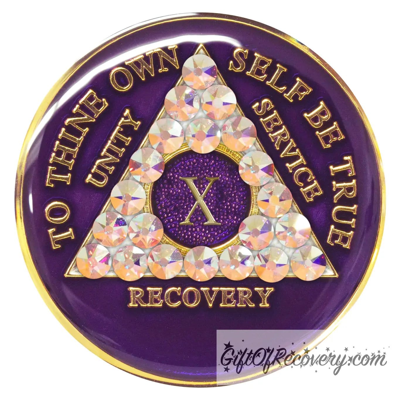 10 year AA medallion Purple Amethyst adorned with 21 Aurora Borealis Genuine crystals for the triangle, to thine own self be true, unity, service, recovery along with roman numeral are embossed with 14k gold-plated brass, recovery medallion is sealed with resin for a shiny finish that will last.