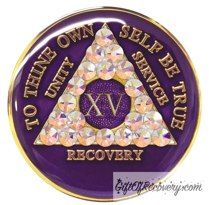 15 year AA medallion Purple Amethyst adorned with 21 Aurora Borealis Genuine crystals for the triangle, to thine own self be true, unity, service, recovery along with roman numeral are embossed with 14k gold-plated brass, recovery medallion is sealed with resin for a shiny finish that will last.