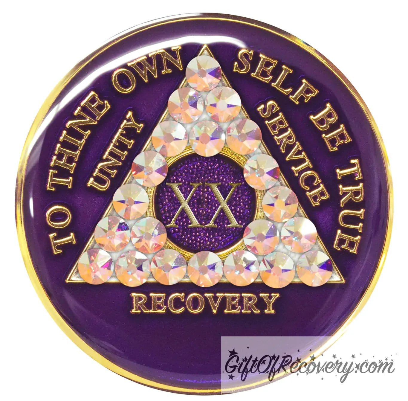 20 year AA medallion Purple Amethyst adorned with 21 Aurora Borealis Genuine crystals for the triangle, to thine own self be true, unity, service, recovery along with roman numeral are embossed with 14k gold-plated brass, recovery medallion is sealed with resin for a shiny finish that will last.