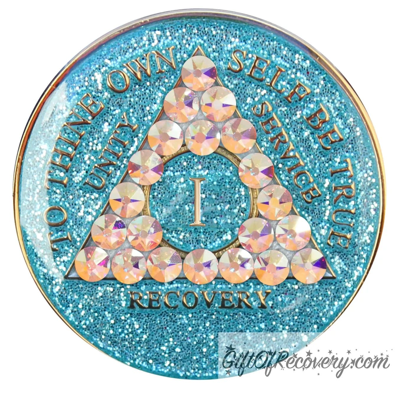 1 year deep sea aqua glitter AA medallion adorned with 21 genuine Aurora Borealis crystals representing the different colors and stages of our new lives, to thine own self be true, unity, service, recovery are embossed with 14k gold-plated brass and sealed with resin for a glossy finish that is scratch proof and will last.