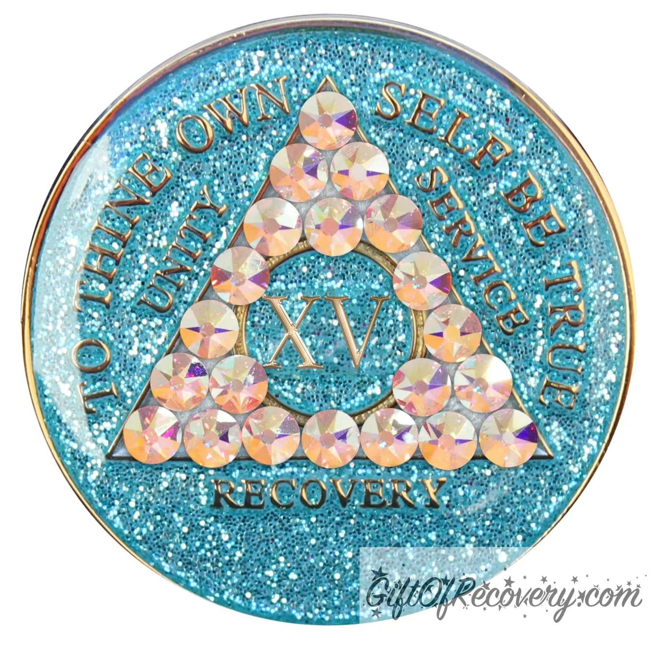 15 year deep sea aqua glitter AA medallion adorned with 21 genuine Aurora Borealis crystals representing the different colors and stages of our new lives, to thine own self be true, unity, service, recovery are embossed with 14k gold-plated brass and sealed with resin for a glossy finish that is scratch proof and will last.