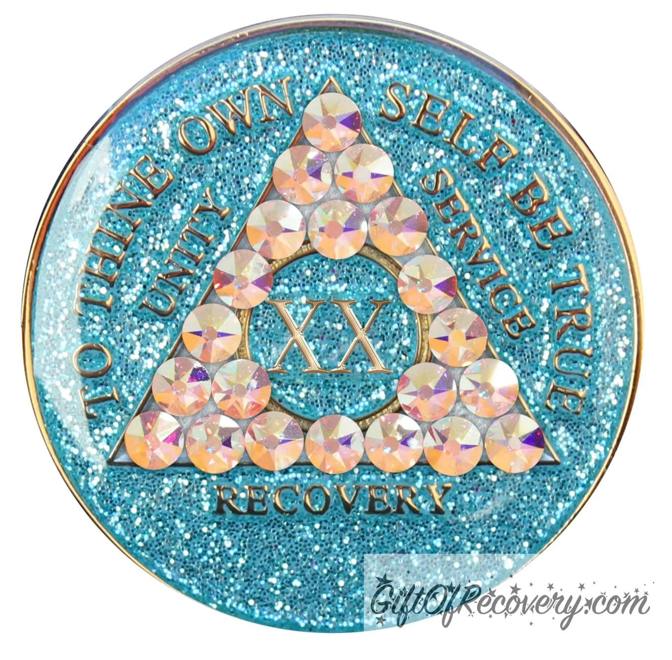 20 year deep sea aqua glitter AA medallion adorned with 21 genuine Aurora Borealis crystals representing the different colors and stages of our new lives, to thine own self be true, unity, service, recovery are embossed with 14k gold-plated brass and sealed with resin for a glossy finish that is scratch proof and will last.