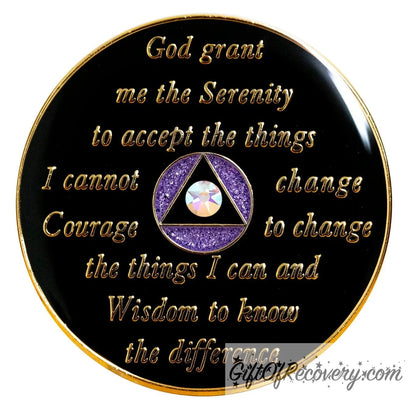 Back of AA recovery medallion is black onyx and has the serenity prayer, outer rim, and the circle triangle in the center in 14k gold-plated brass, the circle in the middle is purple glitter and inside the black triangle is 1 aurora borealis genuine crystal, the AA medallion is sealed in resin for a glossy finish.