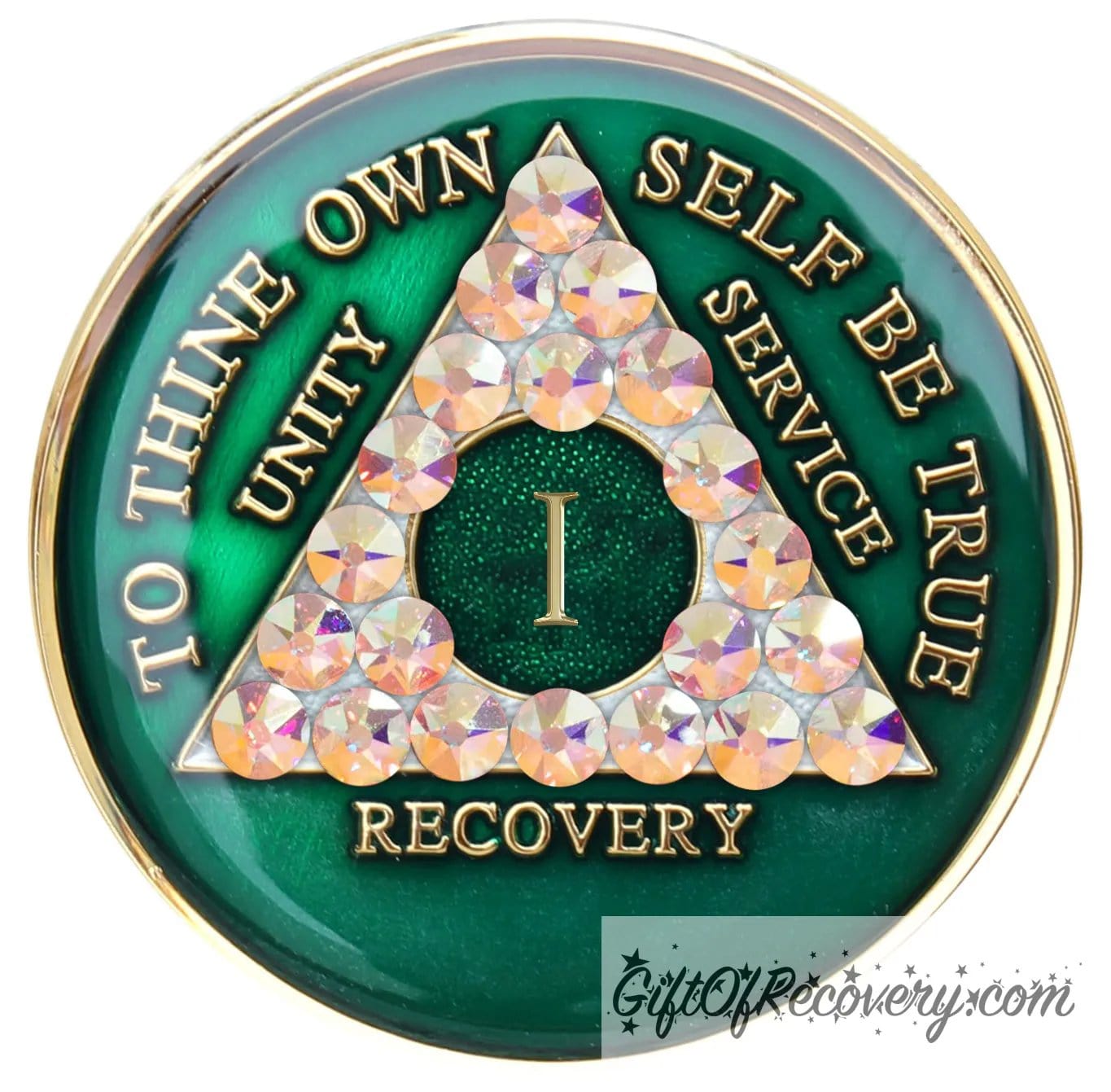 1 year AA medallion Emerald green with 21 genuine Aurora Borealis CZ crystals that make the triangle, to symbolize new beginnings and to dance in the sunlight once again, AA slogan and three legacies are embossed with 14k gold-plated brass and sealed for a glossy finish that will last.