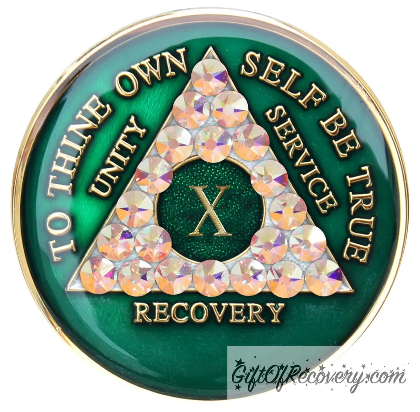 10 year AA medallion Emerald green with 21 genuine Aurora Borealis CZ crystals that make the triangle, to symbolize new beginnings and to dance in the sunlight once again, AA slogan and three legacies are embossed with 14k gold-plated brass and sealed for a glossy finish that will last.