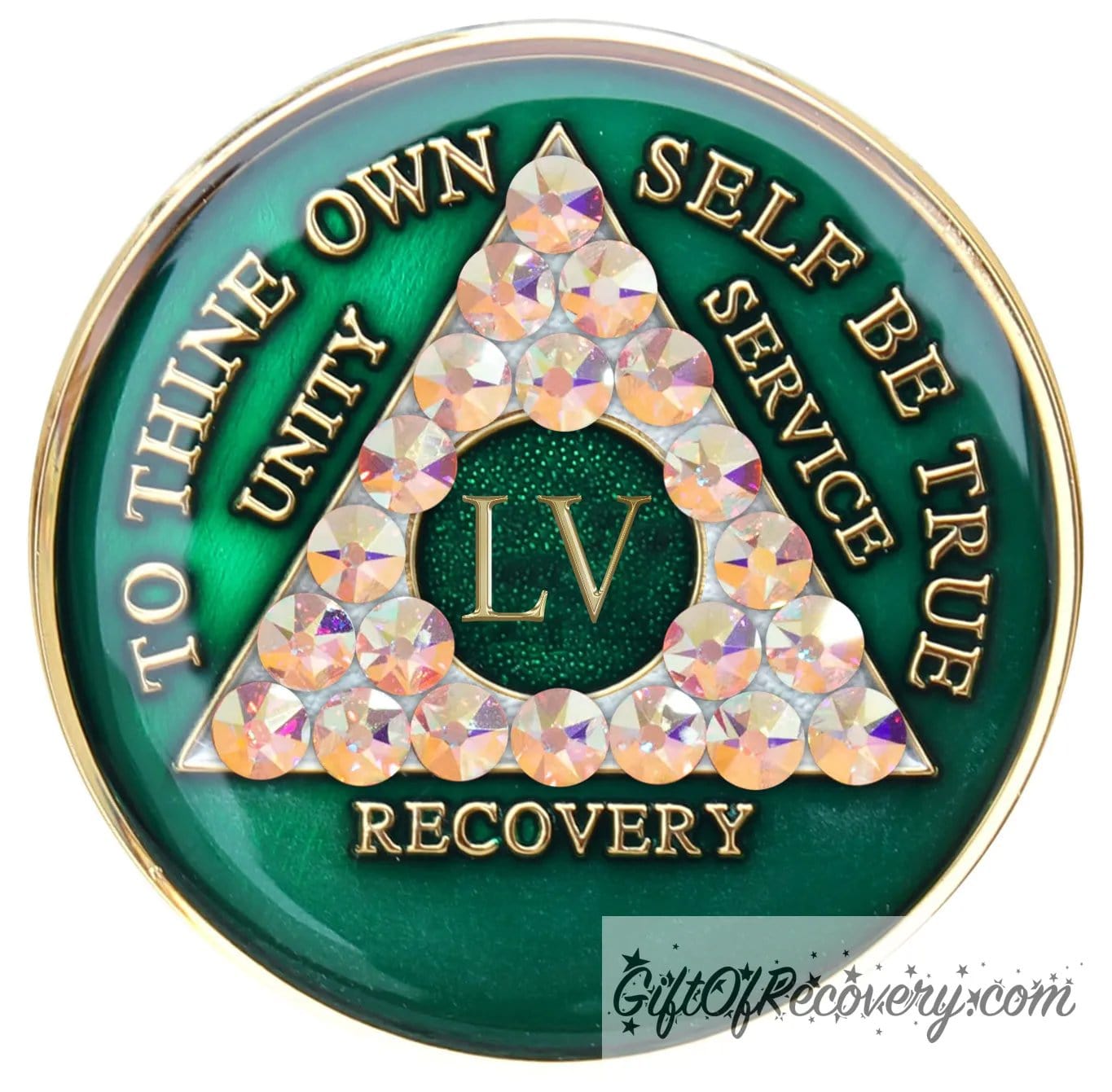 55 year AA medallion Emerald green with 21 genuine Aurora Borealis CZ crystals that make the triangle, to symbolize new beginnings and to dance in the sunlight once again, AA slogan and three legacies are embossed with 14k gold-plated brass and sealed for a glossy finish that will last.