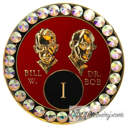 1 year AA Bill & Bob Ruby red recovery medallion with 28 genuine Aurora Borealis crystals around the rim, this medallion is to honor our founders and our time,  stylized busts of Bill W. and Dr. Bob, with their names, in embossed 14k gold-plated brass, the medallion is sealed with resin for a glossy finish.
