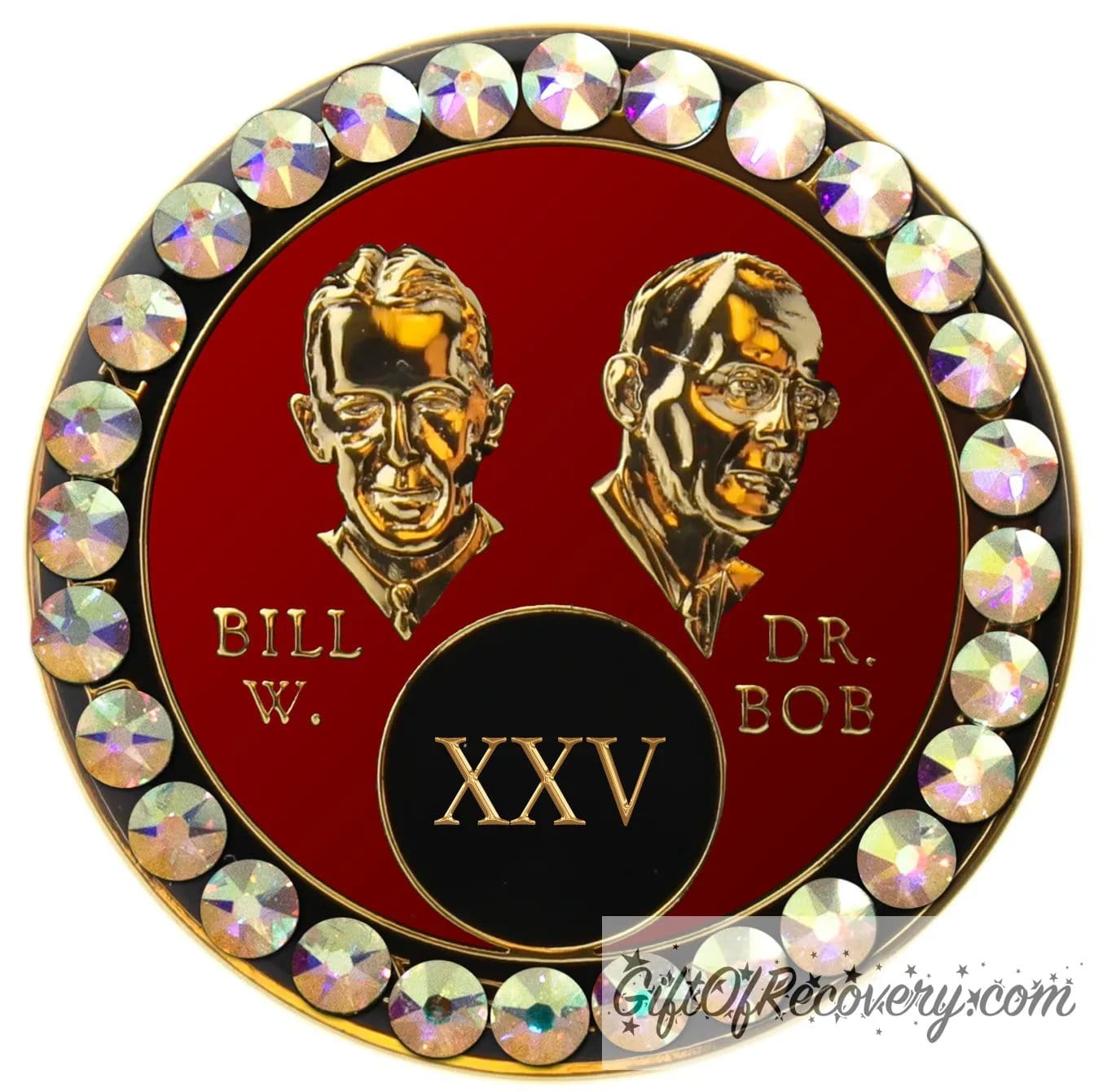25 year AA Bill & Bob Ruby red recovery medallion with 28 genuine Aurora Borealis crystals around the rim, this medallion is to honor our founders and our time, stylized busts of Bill W. and Dr. Bob, with their names, in embossed 14k gold-plated brass, the medallion is sealed with resin for a glossy finish.