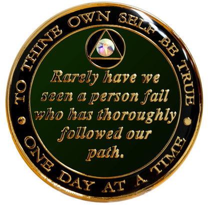 Back of Bill and Bob Ruby red recovery medallion with to thine own self be true and one day at a time going in a circle around the outer edge, the edge is black onyx while rarely have we seen a person fail who has thoroughly followed our path in the center and is Emerald green, all embossed with 14k gold-plated brass, the circle triangle is center top with one AB CZ crystal in the middle of it, the medallion is sealed with resin for a glossy finish.