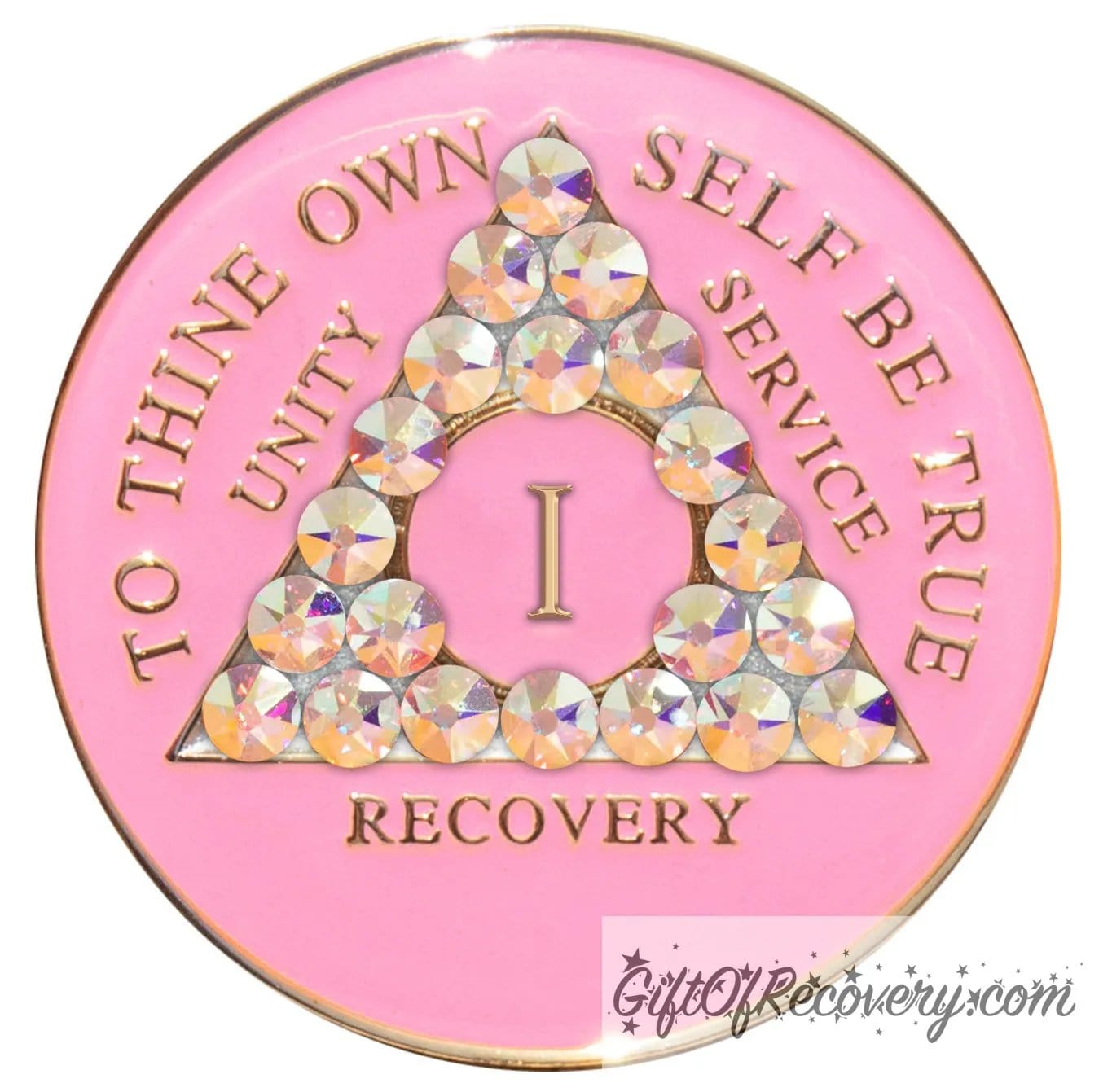 1 Year AA medallion princess pink with 21 Aurora Borealis CZ genuine crystals symbolizing beauty and change from working the program, AA slogan and 3 legacies are embossed with 14k gold-plated brass, sealed with resin for a lasting finish.