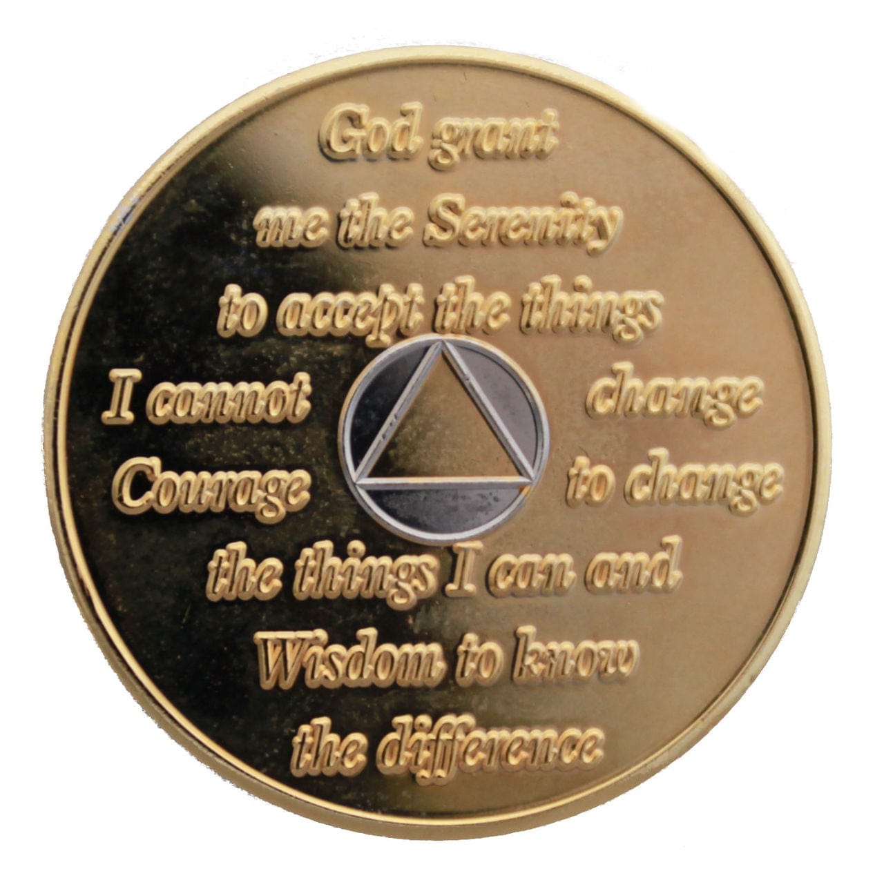 Back of 44 year Bi-plate AA medallion with the serenity prayer, circle is silver.