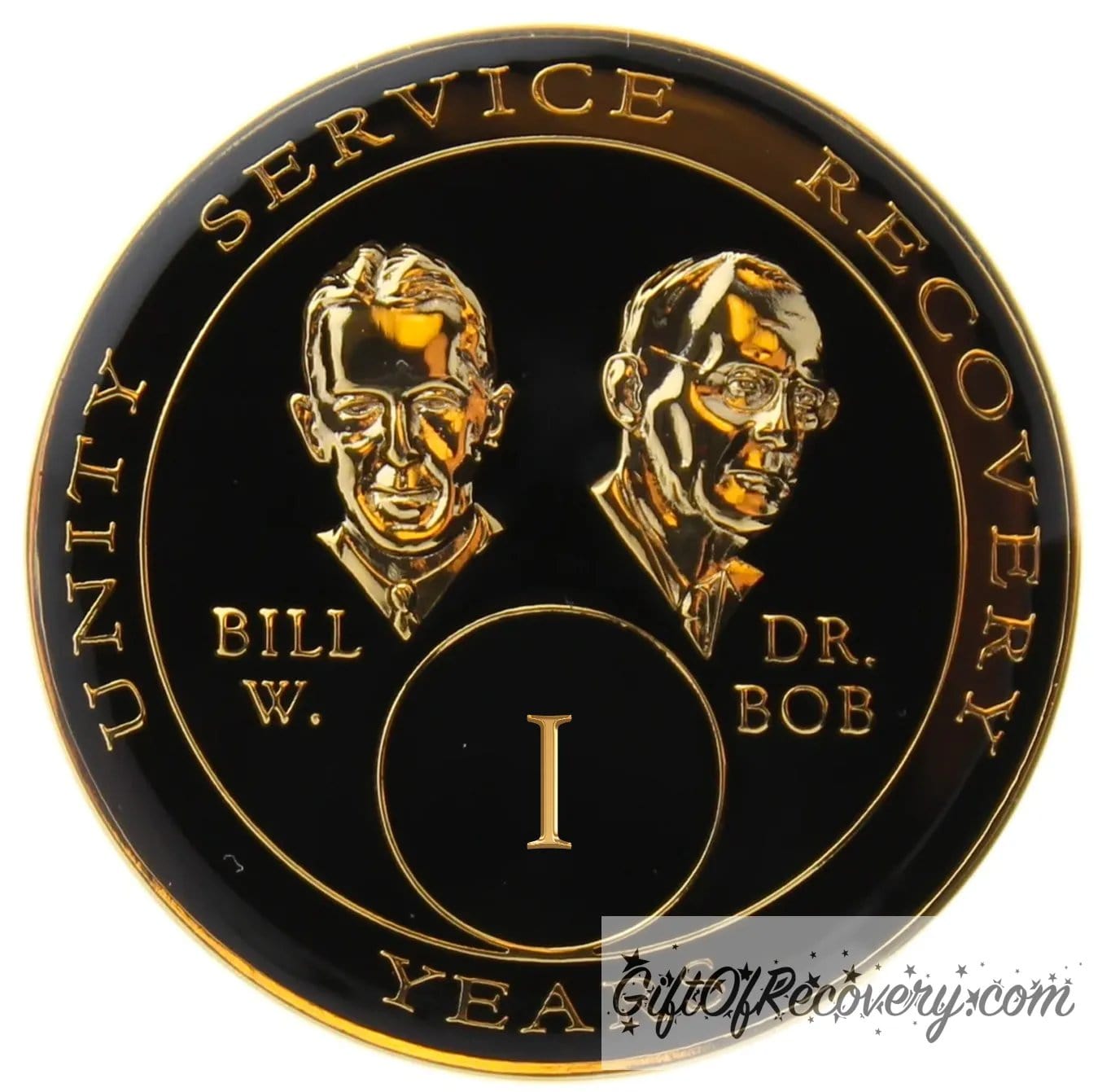 1 year AA Bill & Bob black Onyx recovery medallion black around the rim with Unity, Service and recovery embossed 14k gold-plated brass, this medallion is to honor our founders and our time, stylized busts of Bill W. and Dr. Bob, with their names, are embossed 14k gold-plated brass, the medallion is sealed with resin for a glossy finish.