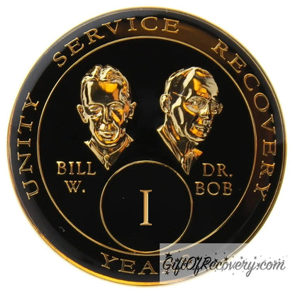 1 year AA Bill & Bob black Onyx recovery medallion black around the rim with Unity, Service and recovery embossed 14k gold-plated brass, this medallion is to honor our founders and our time, stylized busts of Bill W. and Dr. Bob, with their names, are embossed 14k gold-plated brass, the medallion is sealed with resin for a glossy finish.