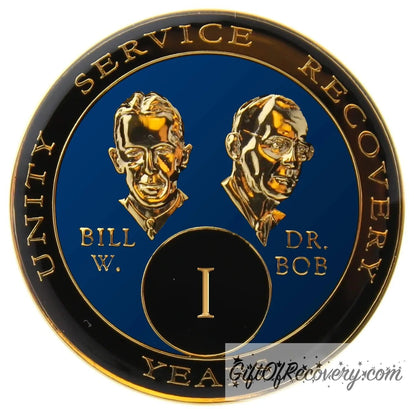 1 year AA Bill & Bob Big Book blue recovery medallion, black around the rim with Unity, Service and recovery embossed 14k gold-plated brass, this medallion is to honor our founders and our time, stylized busts of Bill W. and Dr. Bob, with their names, are embossed 14k gold-plated brass, the medallion is sealed with resin for a glossy finish. seen on a white 3x3 card with recovery is a gift going through an open heart at the top and giftofrecovery.com on the bottom, both in the color gold. 