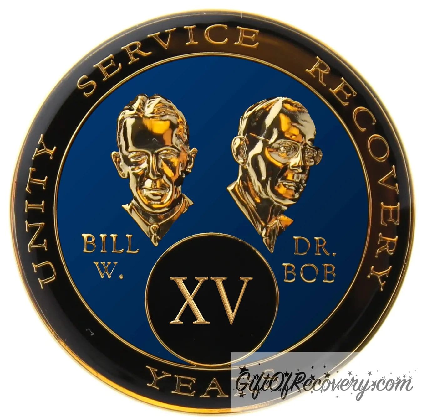 15 year AA Bill & Bob Big Book blue recovery medallion, black around the rim with Unity, Service and recovery embossed 14k gold-plated brass, this medallion is to honor our founders and our time, stylized busts of Bill W. and Dr. Bob, with their names, are embossed 14k gold-plated brass, the medallion is sealed with resin for a glossy finish. 