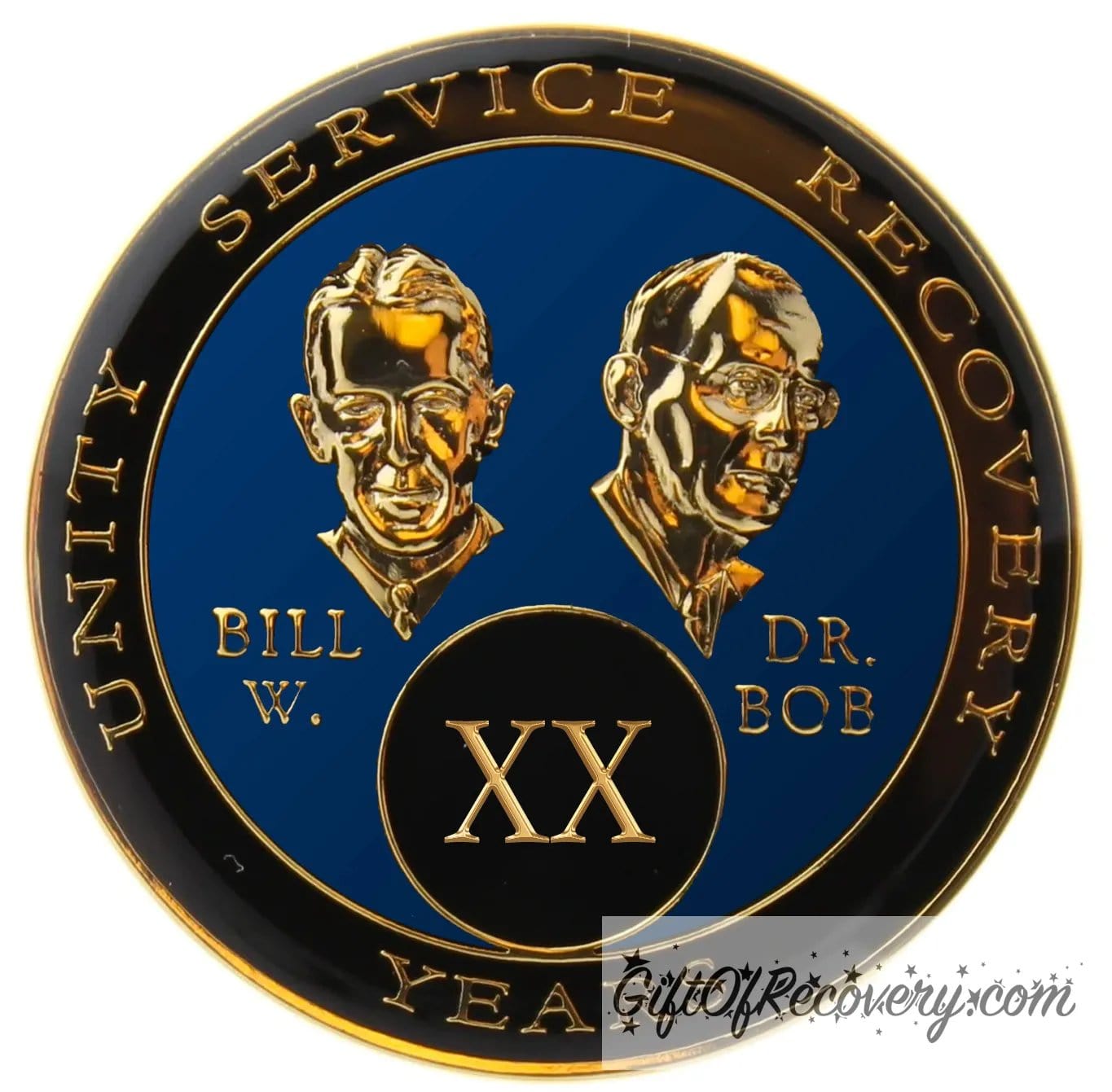 20 year AA Bill & Bob Big Book blue recovery medallion, black around the rim with Unity, Service and recovery embossed 14k gold-plated brass, this medallion is to honor our founders and our time, stylized busts of Bill W. and Dr. Bob, with their names, are embossed 14k gold-plated brass, the medallion is sealed with resin for a glossy finish. 