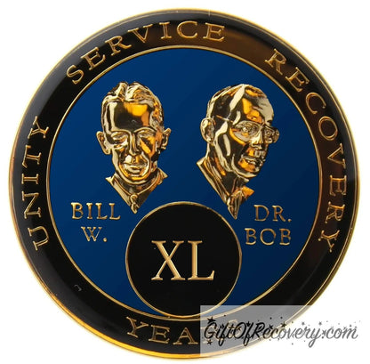 40 year AA Bill & Bob Big Book blue recovery medallion, black around the rim with Unity, Service and recovery embossed 14k gold-plated brass, this medallion is to honor our founders and our time, stylized busts of Bill W. and Dr. Bob, with their names, are embossed 14k gold-plated brass, the medallion is sealed with resin for a glossy finish.