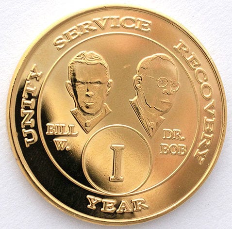 1 year AA recovery chip gold plated with stylized Bill & Bob along with their names and unity, service, recovery.