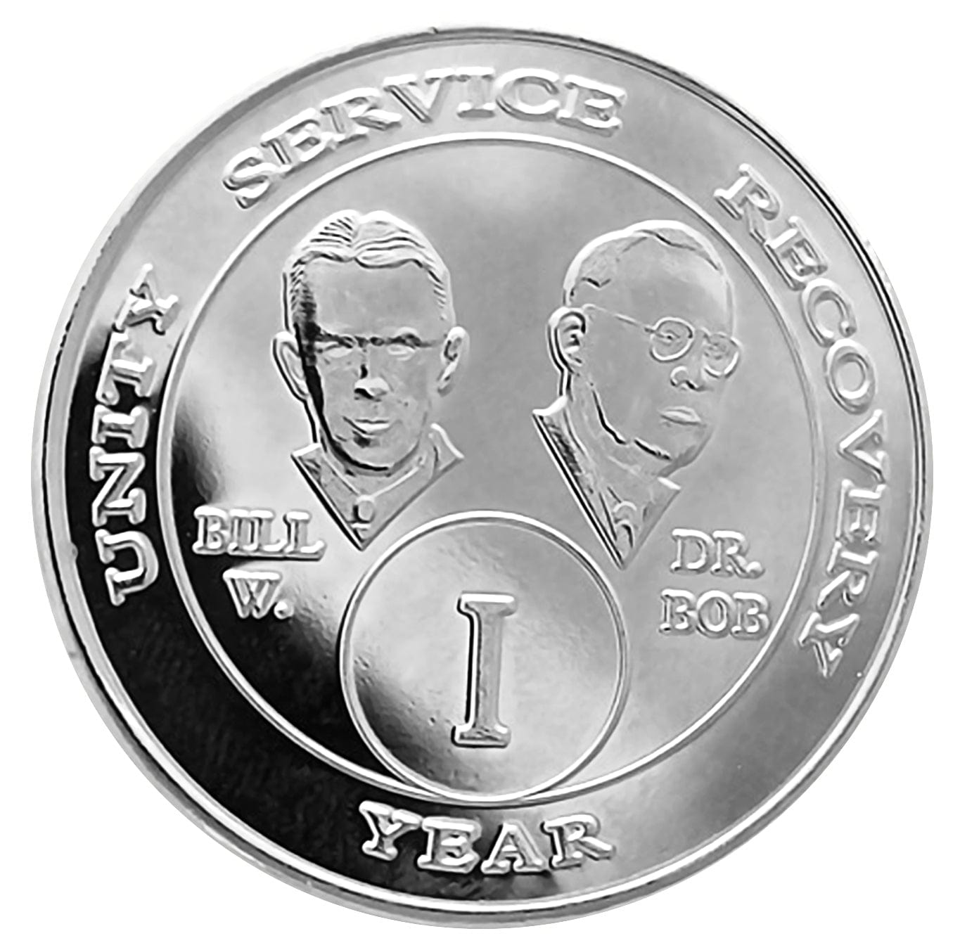 1 year nickel plated AA recovery medallion Bill & Bob, with AA slogan and stylized busts of Bill W. and Dr. Bob, with their names.