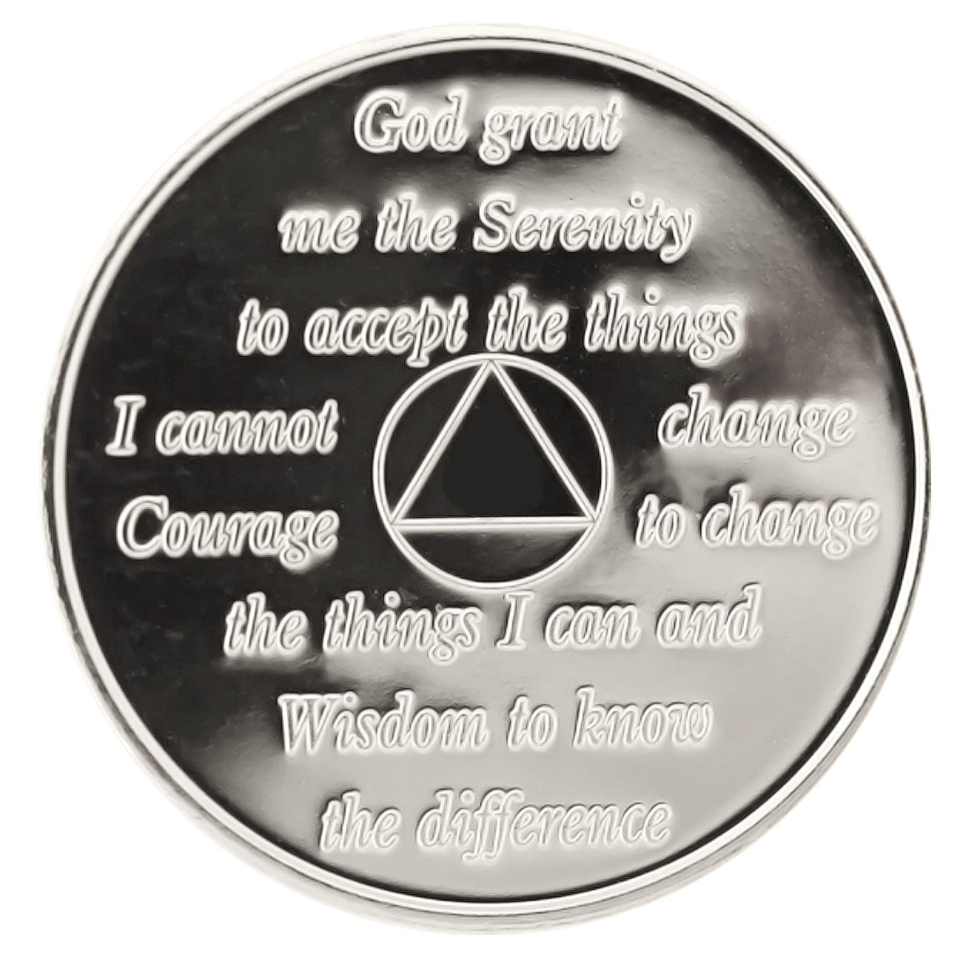 Back of 1 year nickel plated Bill & Bob aa recovery medallion, with serenity prayer.