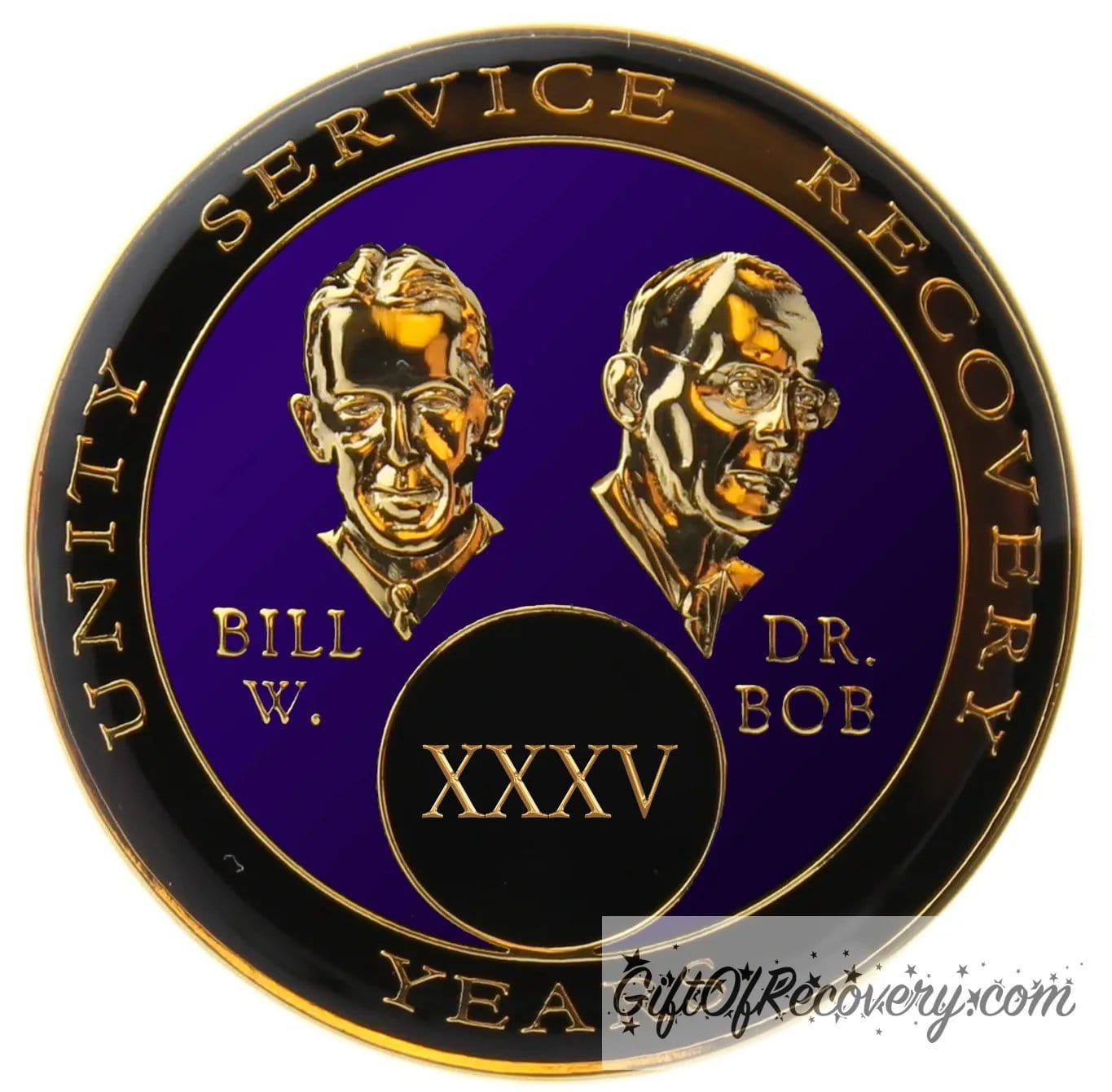 35 year AA Bill & Bob Amethyst purple recovery medallion black around the rim with Unity, Service and recovery embossed 14k gold-plated brass, this medallion is to honor our founders and our time, stylized busts of Bill W. and Dr. Bob, with their names, are embossed 14k gold-plated brass, the medallion is sealed with resin for a glossy finish. 