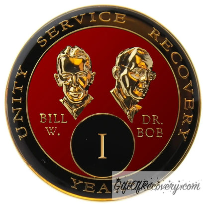 1 year AA Bill & Bob Ruby red recovery medallion, black around the rim with Unity, Service and recovery embossed 14k gold-plated brass, this medallion is to honor our founders and our time, stylized busts of Bill W. and Dr. Bob, with their names, are embossed 14k gold-plated brass, the medallion is sealed with resin for a glossy finish.