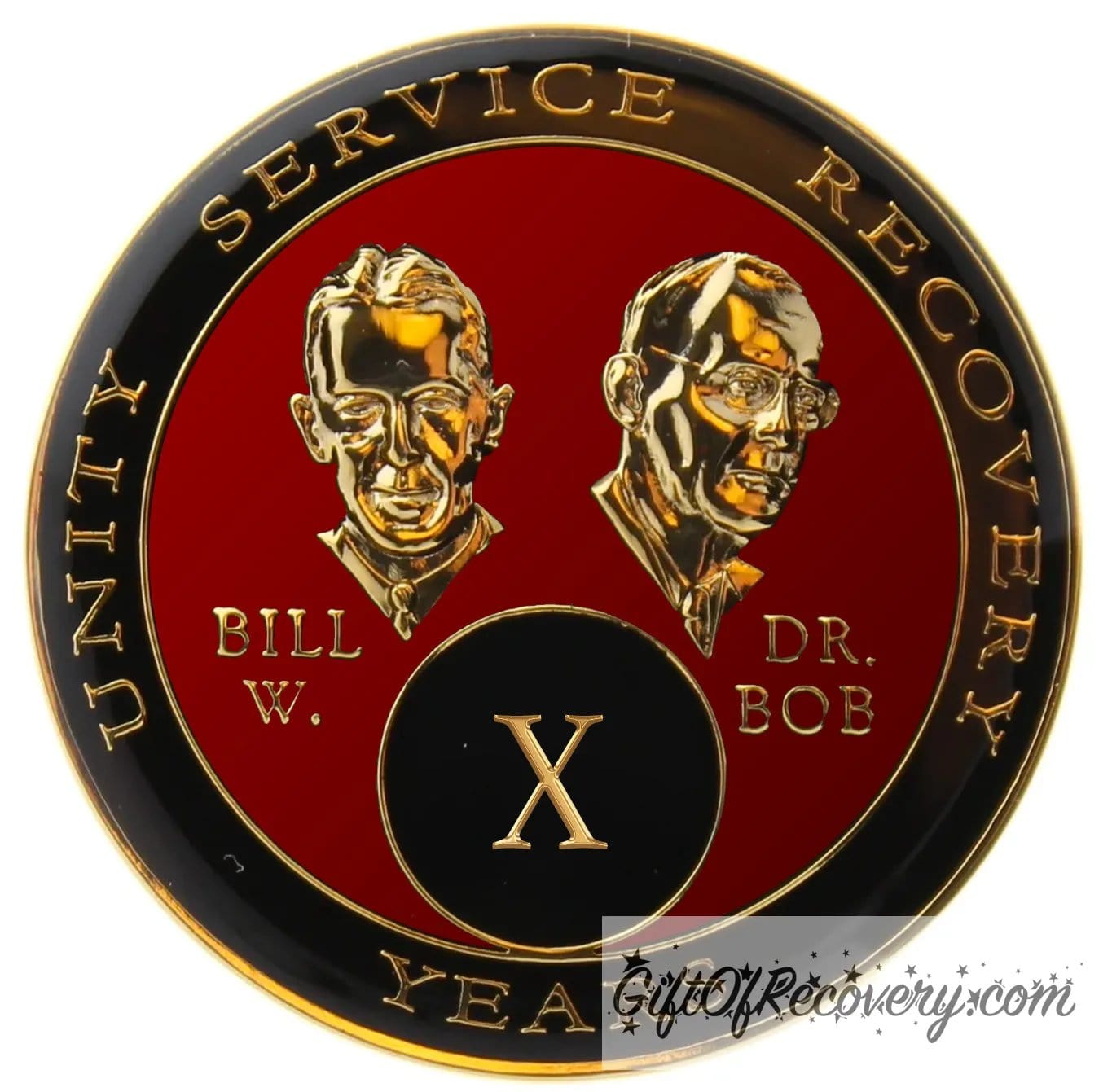 10 year AA Bill & Bob Ruby red recovery medallion, black around the rim with Unity, Service and recovery embossed 14k gold-plated brass, this medallion is to honor our founders and our time, stylized busts of Bill W. and Dr. Bob, with their names, are embossed 14k gold-plated brass, the medallion is sealed with resin for a glossy finish.