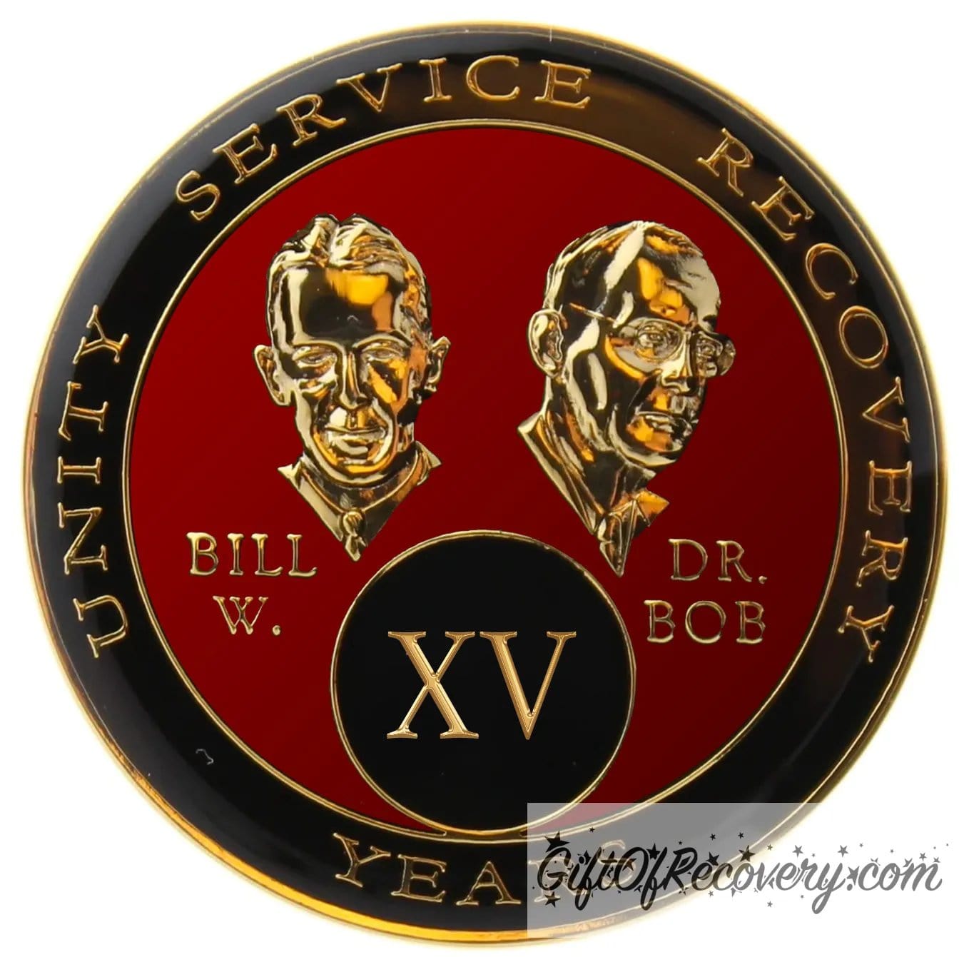 15 year AA Bill & Bob Ruby red recovery medallion, black around the rim with Unity, Service and recovery embossed 14k gold-plated brass, this medallion is to honor our founders and our time, stylized busts of Bill W. and Dr. Bob, with their names, are embossed 14k gold-plated brass, the medallion is sealed with resin for a glossy finish.