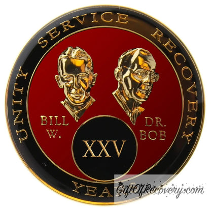 25 year AA Bill & Bob Ruby red recovery medallion, black around the rim with Unity, Service and recovery embossed 14k gold-plated brass, this medallion is to honor our founders and our time, stylized busts of Bill W. and Dr. Bob, with their names, are embossed 14k gold-plated brass, the medallion is sealed with resin for a glossy finish.