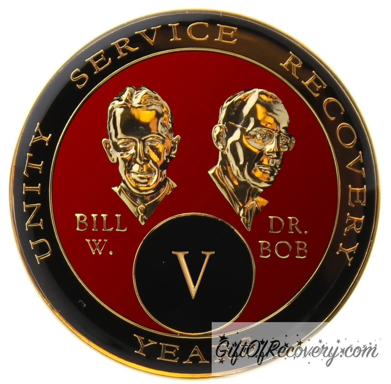 5 year AA Bill & Bob Ruby red recovery medallion, black around the rim with Unity, Service and recovery embossed 14k gold-plated brass, this medallion is to honor our founders and our time, stylized busts of Bill W. and Dr. Bob, with their names, are embossed 14k gold-plated brass, the medallion is sealed with resin for a glossy finish.