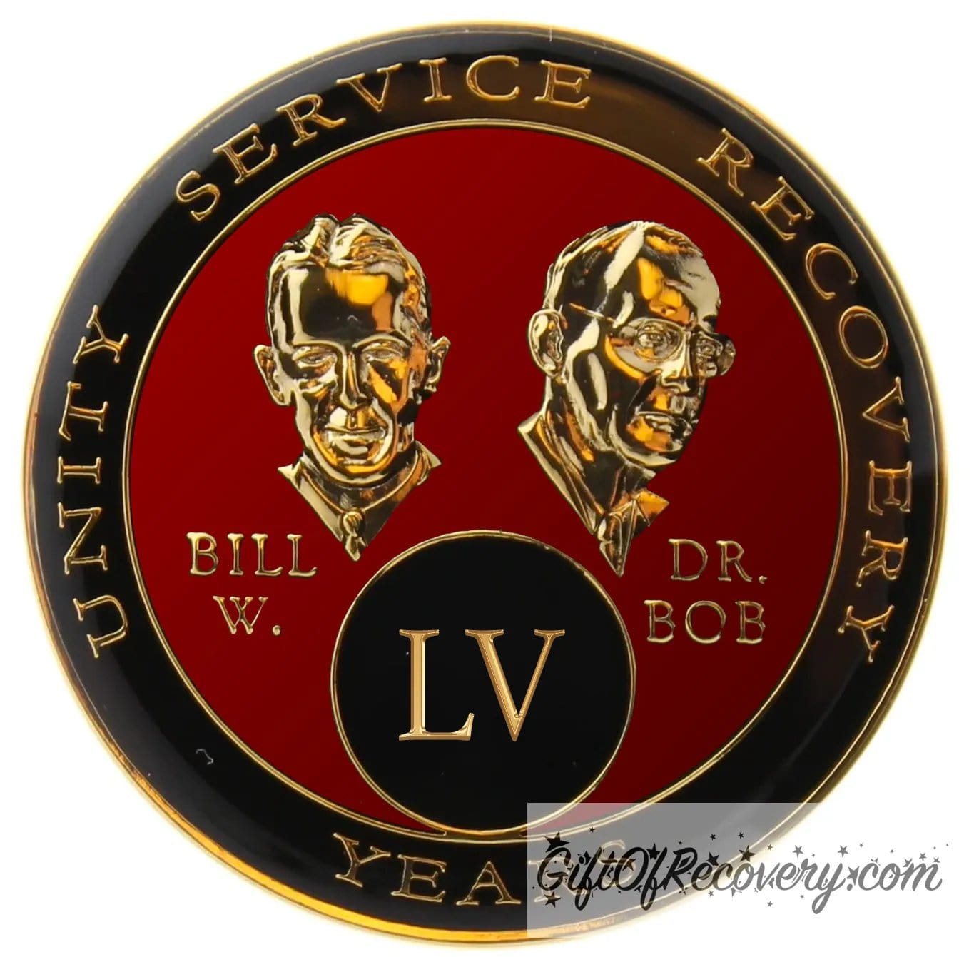 55 year AA Bill & Bob Ruby red recovery medallion, black around the rim with Unity, Service and recovery embossed 14k gold-plated brass, this medallion is to honor our founders and our time, stylized busts of Bill W. and Dr. Bob, with their names, are embossed 14k gold-plated brass, the medallion is sealed with resin for a glossy finish.