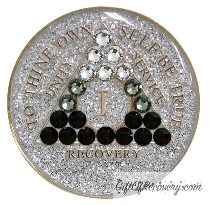 1 year Silver glitter AA transition medallion with twenty-one genuine crystal going from dark to light, which symbolizes growth in recovery, recovery medallion moto's are embossed with 14k gold-plated brass, sealed in a high-quality, chip and scratch-resistant resin dome giving it a beautiful glossy look that will last.