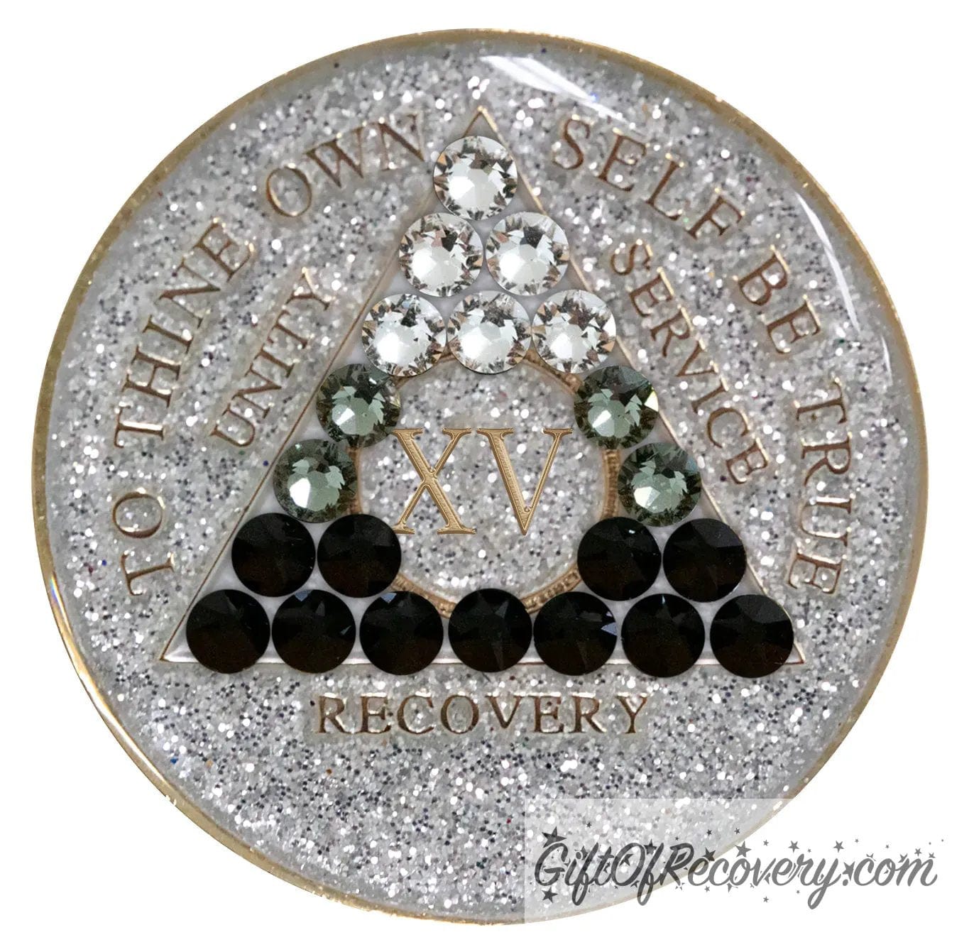 15 year Silver glitter AA transition medallion with twenty-one genuine crystal going from dark to light, which symbolizes growth in recovery, recovery medallion moto's are embossed with 14k gold-plated brass, sealed in a high-quality, chip and scratch-resistant resin dome giving it a beautiful glossy look that will last.